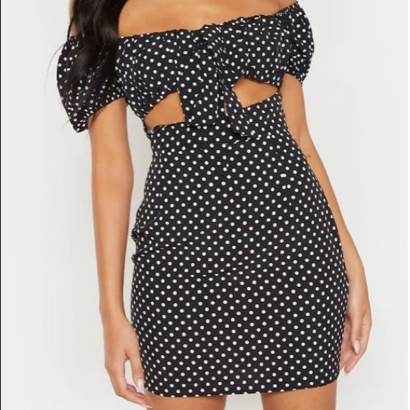 PrettyLittleThing Black White Polka Dot Dress Waist Cut Out Size 10 - Picture 15 of 16